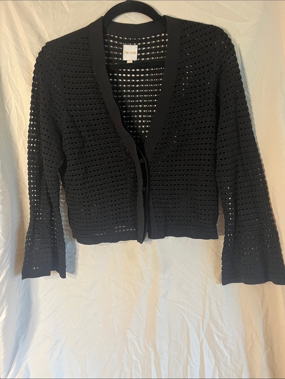 NIC+ZOE Black Openwork Crochet Button Cardigan